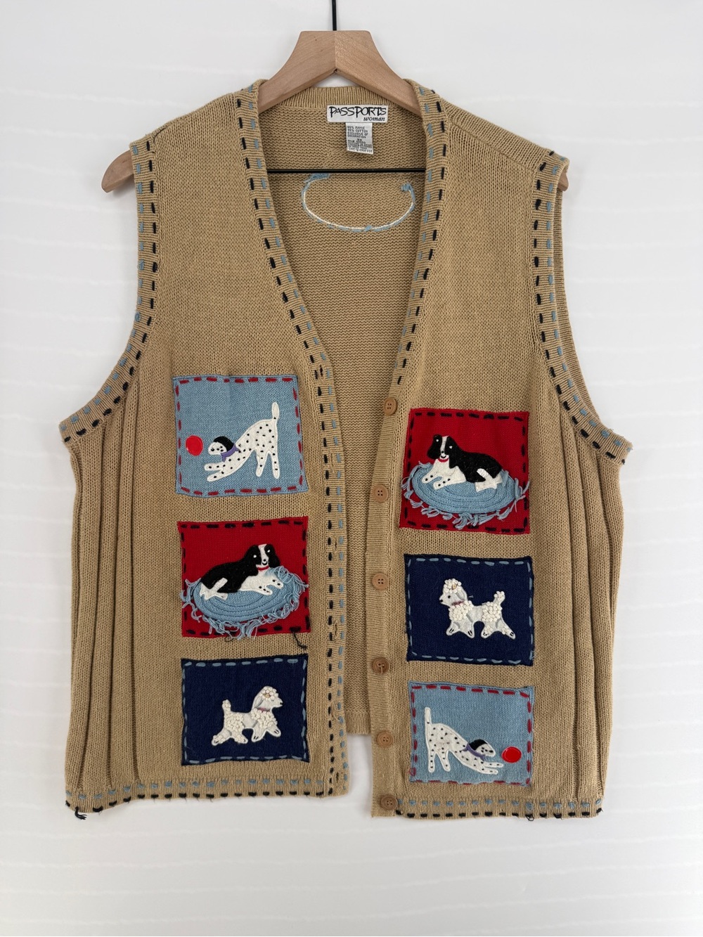 Vintage Passports Woman 3X Dog Appliqué Button-Front Sweater Vest